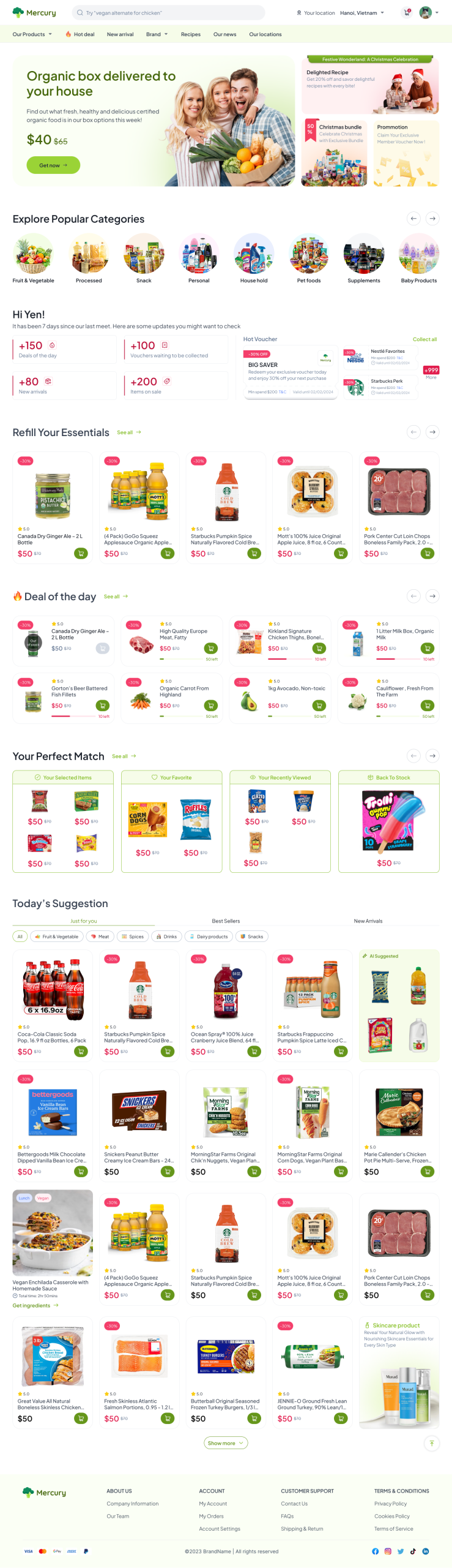 Grocery template homepage — mobile storefront with deal-of-the-day and AI-suggested picks