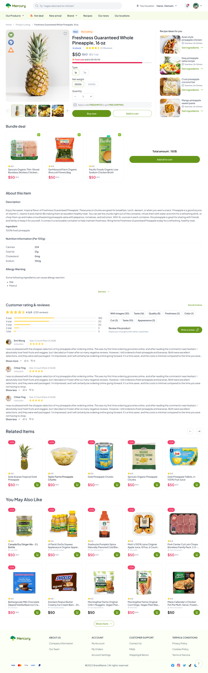 Grocery template product detail — mobile PDP with bundle deal and nutrition/allergy information
