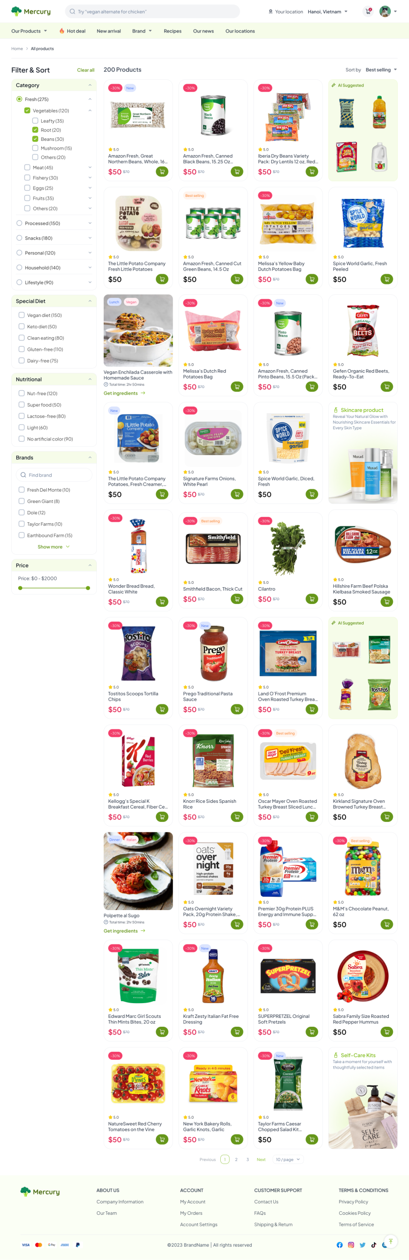 Grocery template product listing — mobile category filter chips over a product grid