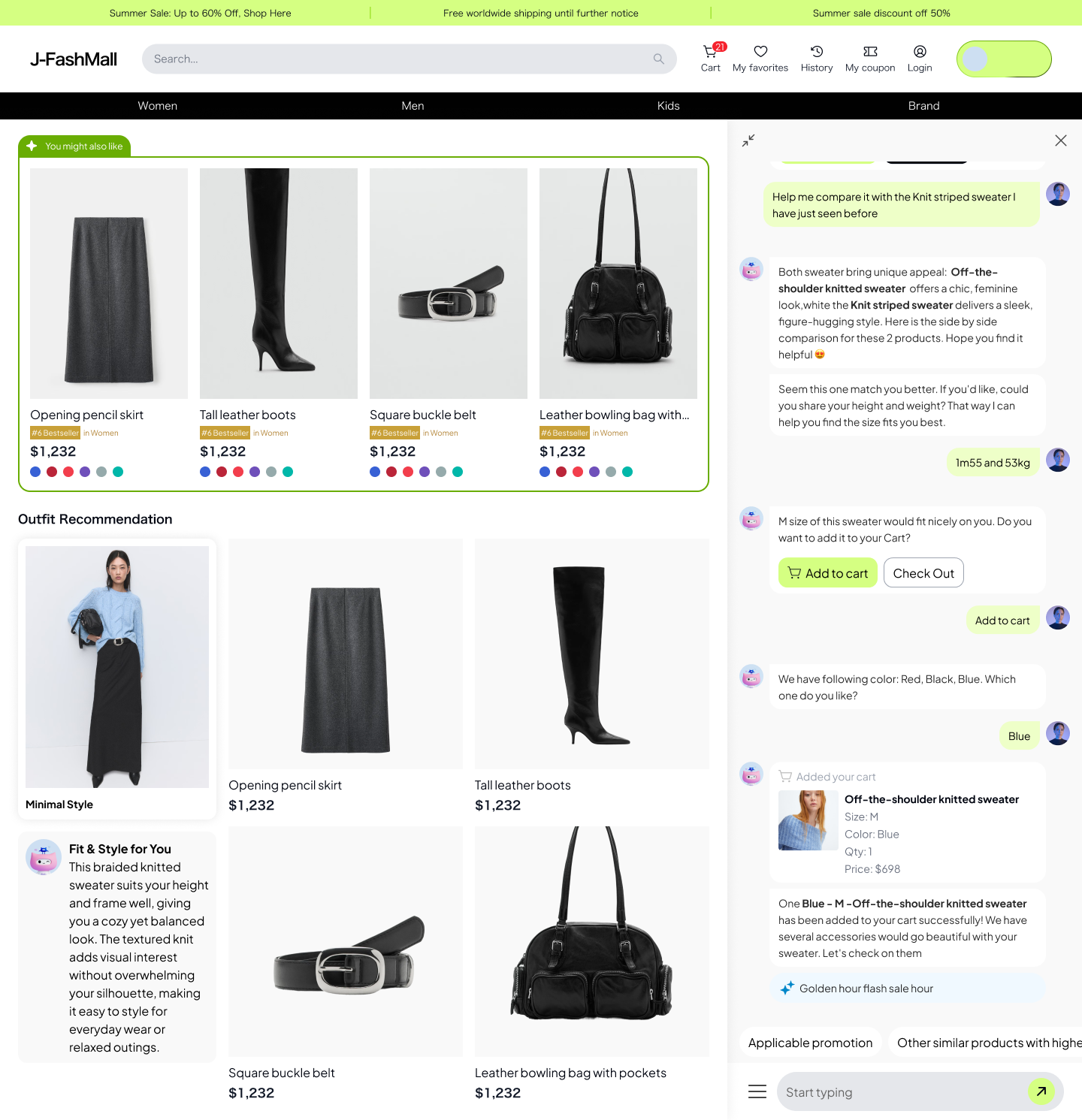 AI shopping assistant welcome widget on a storefront homepage — latest collections, recommended items, outfit ideas