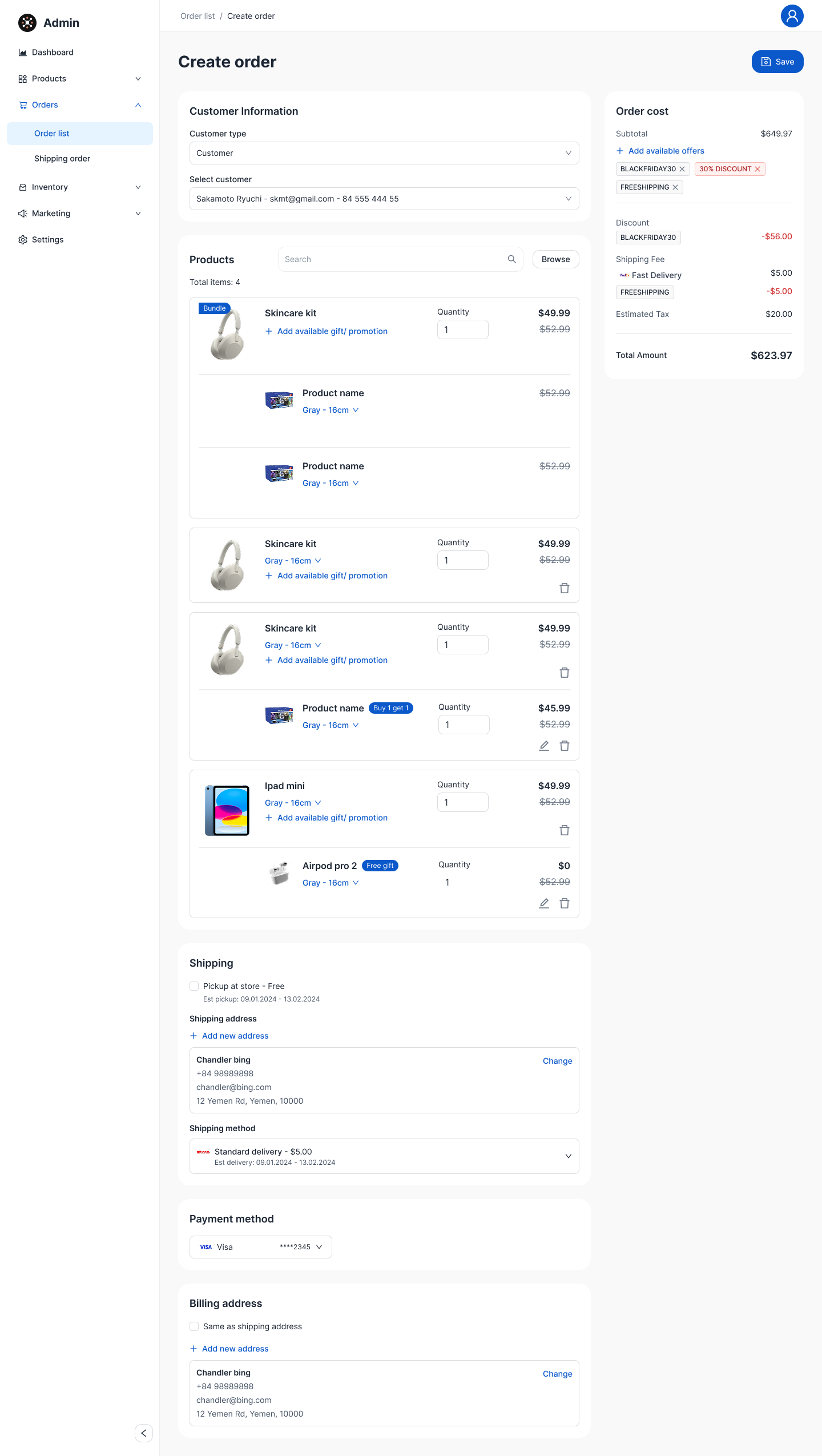 ONE CMS create order — customer info, products with bundles and promotions, shipping and payment