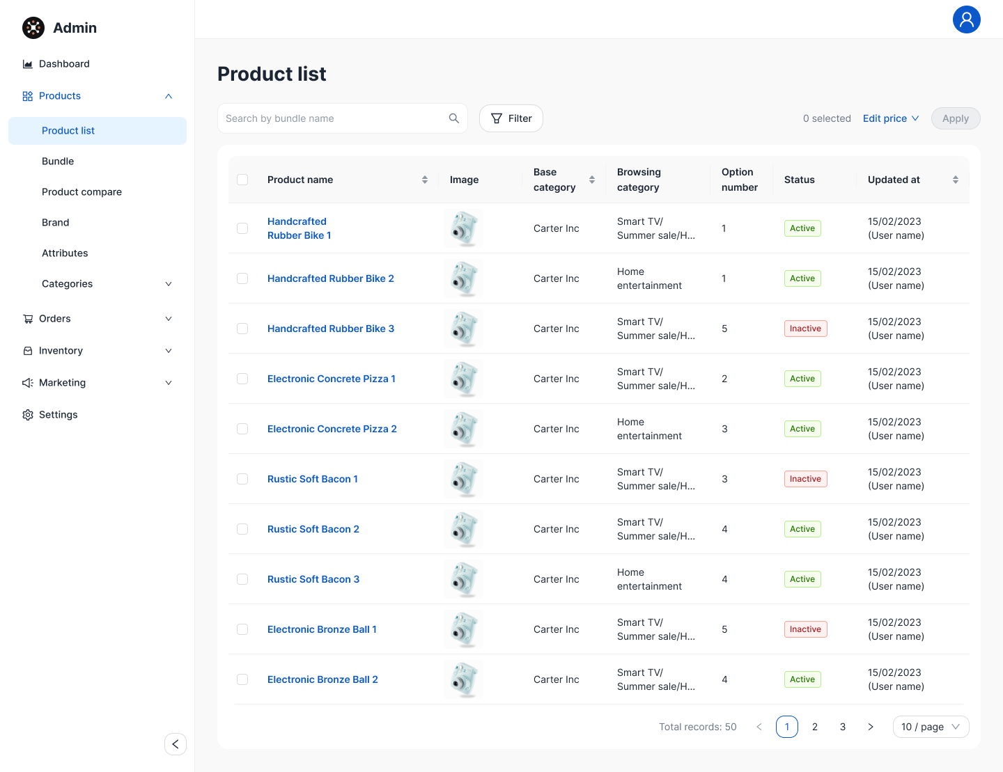 ONE CMS product list — catalog with base category, browsing category, and status