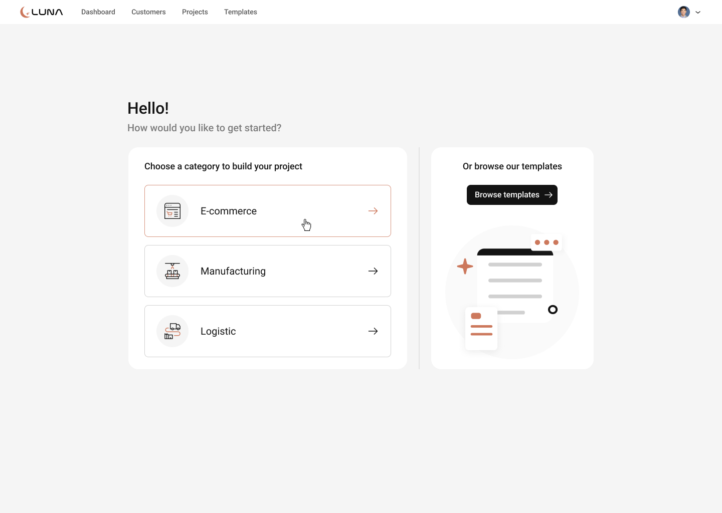 ONE setup — choosing a business category: E-commerce, Manufacturing, or Logistic