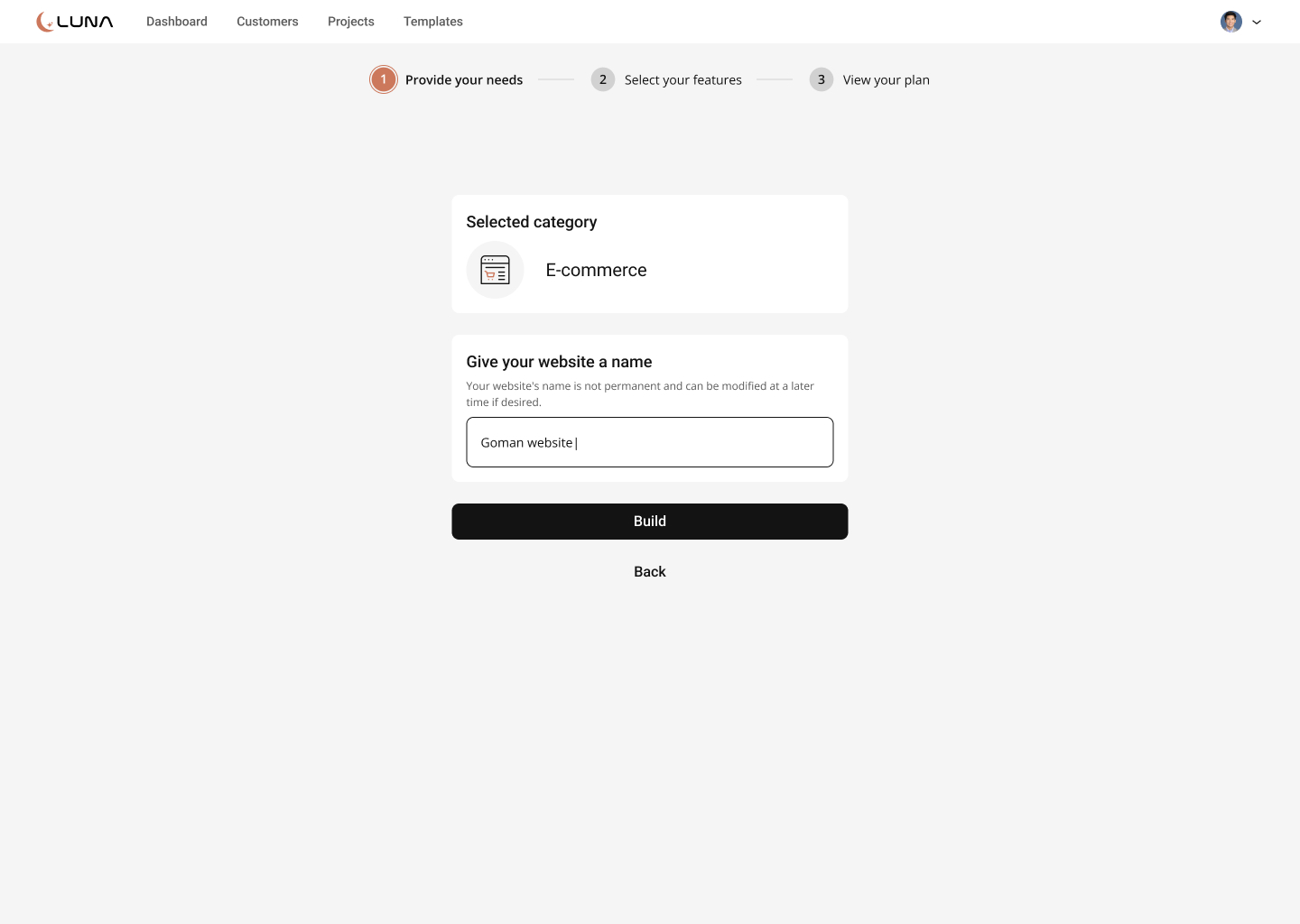 ONE setup — naming the website before building, with a single Build call to action