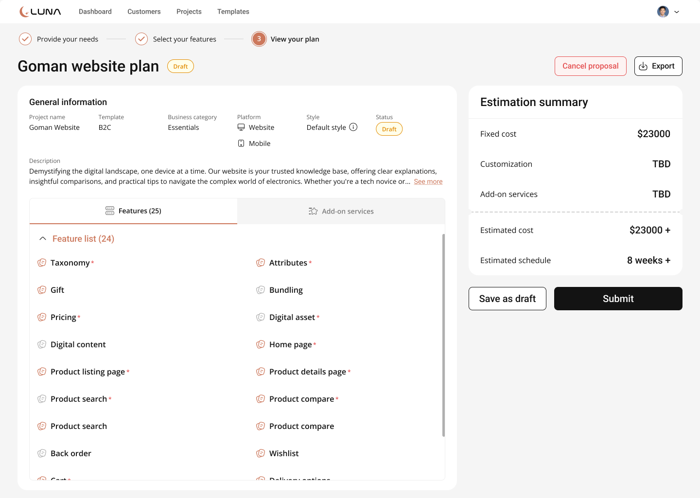 ONE plan summary — general information, feature list, and cost/schedule estimation, submitted for Sale management