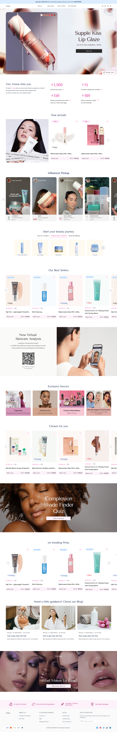 Cosmetic template homepage — beauty and personal care storefront with new arrivals and influencer picks