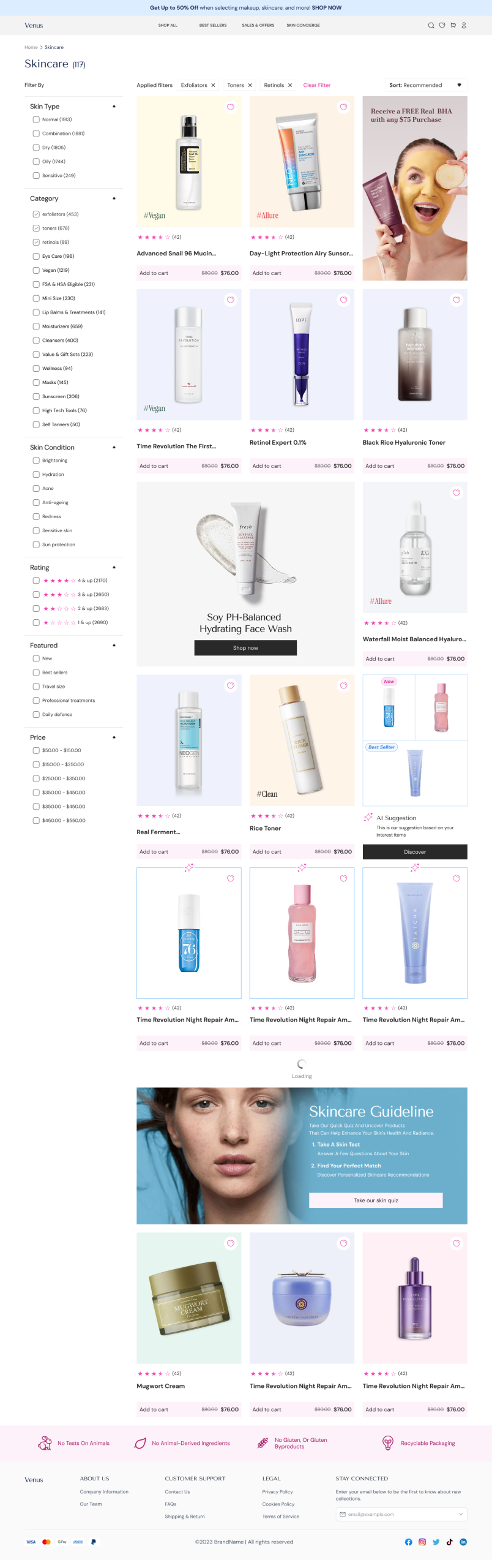 Cosmetic template product listing — skincare category with filters and an AI-suggested pick