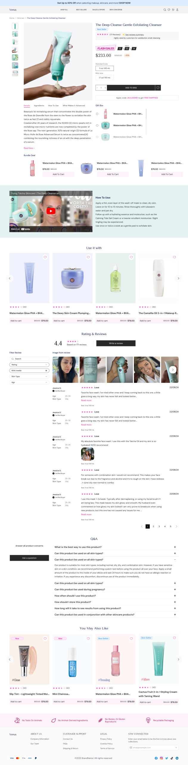 Cosmetic template product detail — cleanser PDP with bundle deal, video review, and ratings
