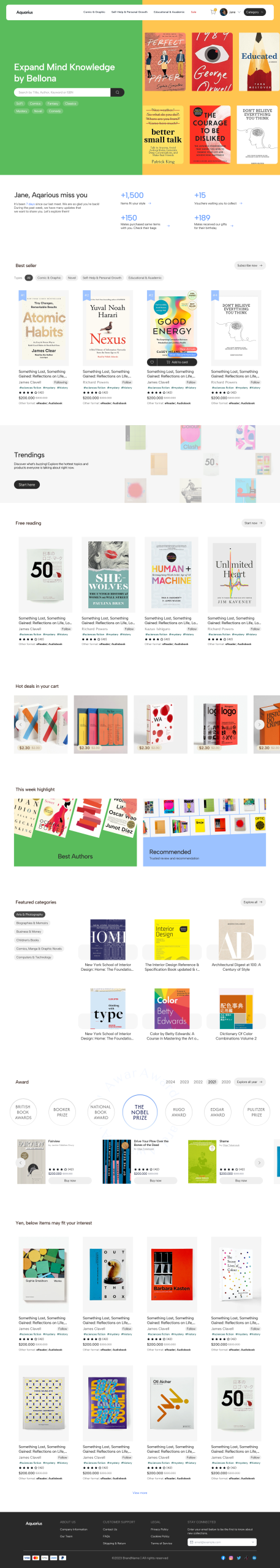 Digital book template homepage — bookstore with bestsellers, trending, and award-winner rails