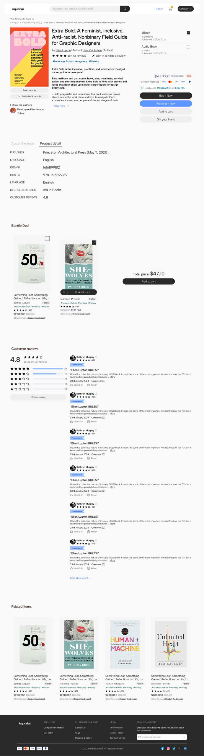 Digital book template product detail — book PDP with eBook/Audiobook format toggle and bundle deal