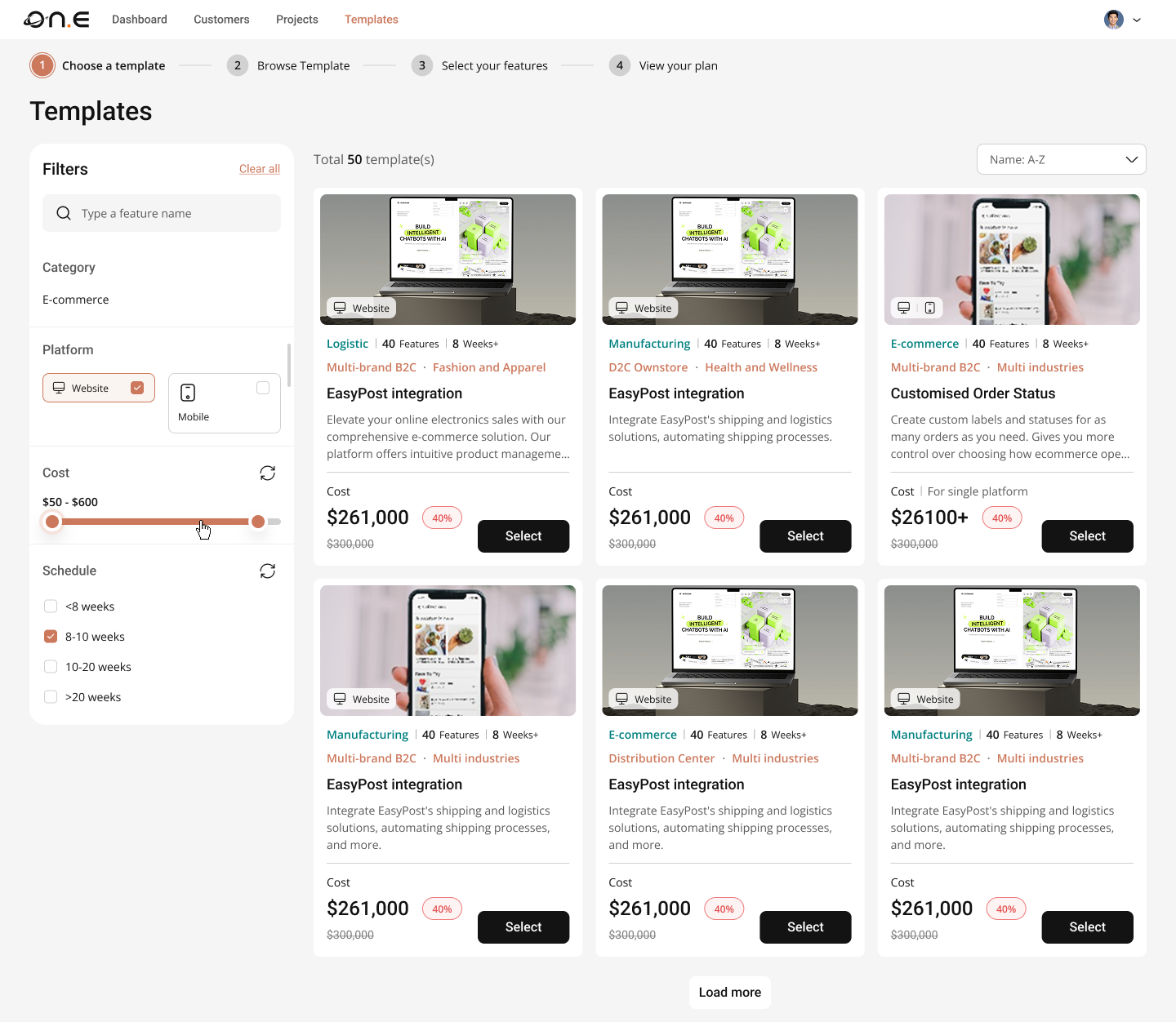 ONE template marketplace — 50+ templates filterable by category, platform, cost, and schedule