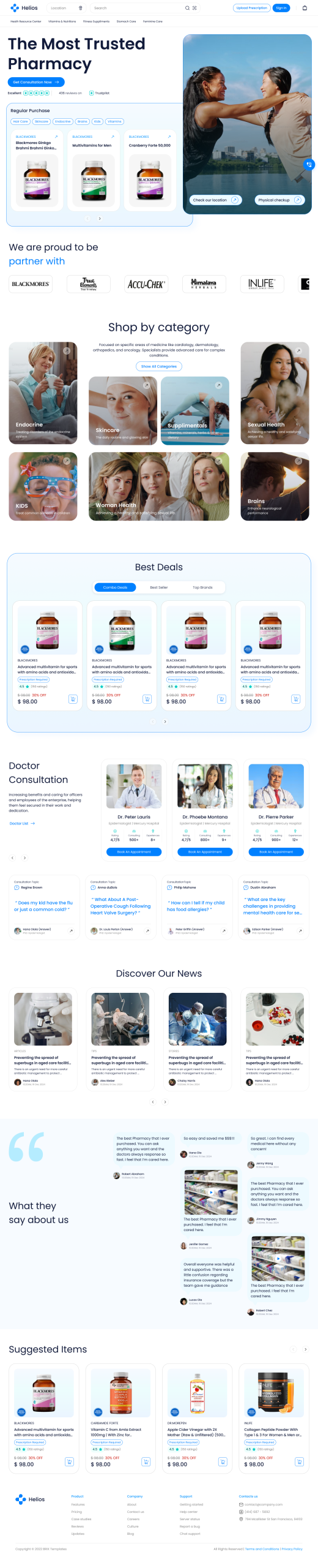 Healthcare template homepage — pharmacy storefront with doctor consultation and shop-by-category