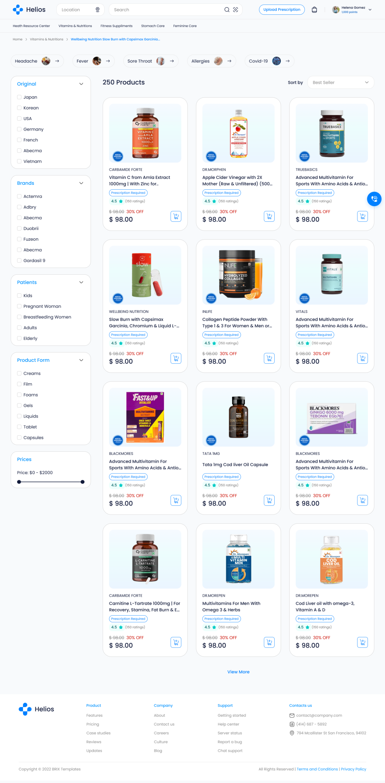 Healthcare template product listing — vitamins and nutrition listing with patient and product-form filters