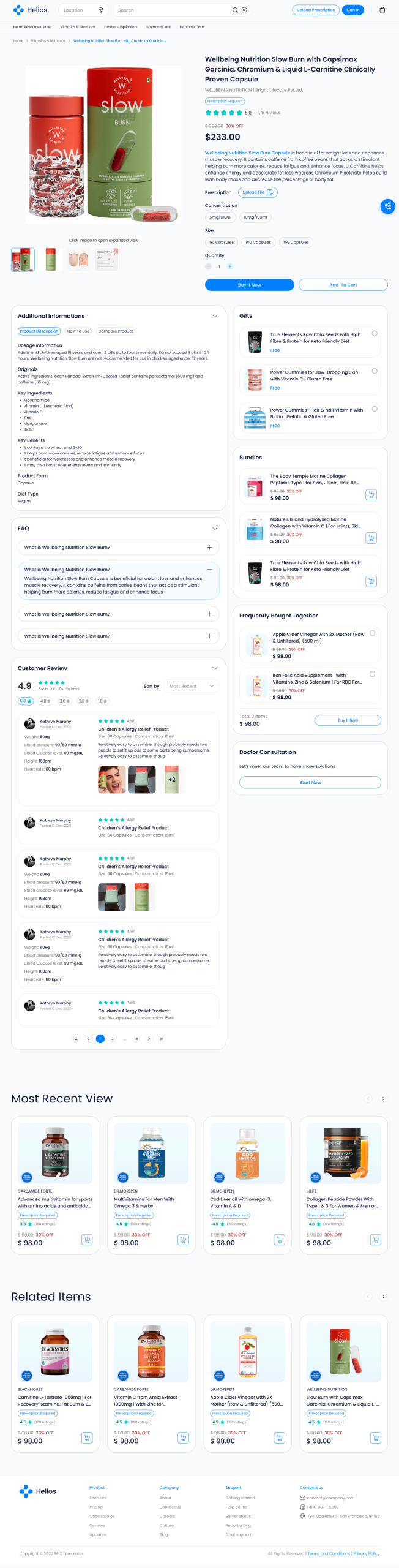 Healthcare template product detail — supplement PDP with prescription flag, bundles, and doctor consultation CTA