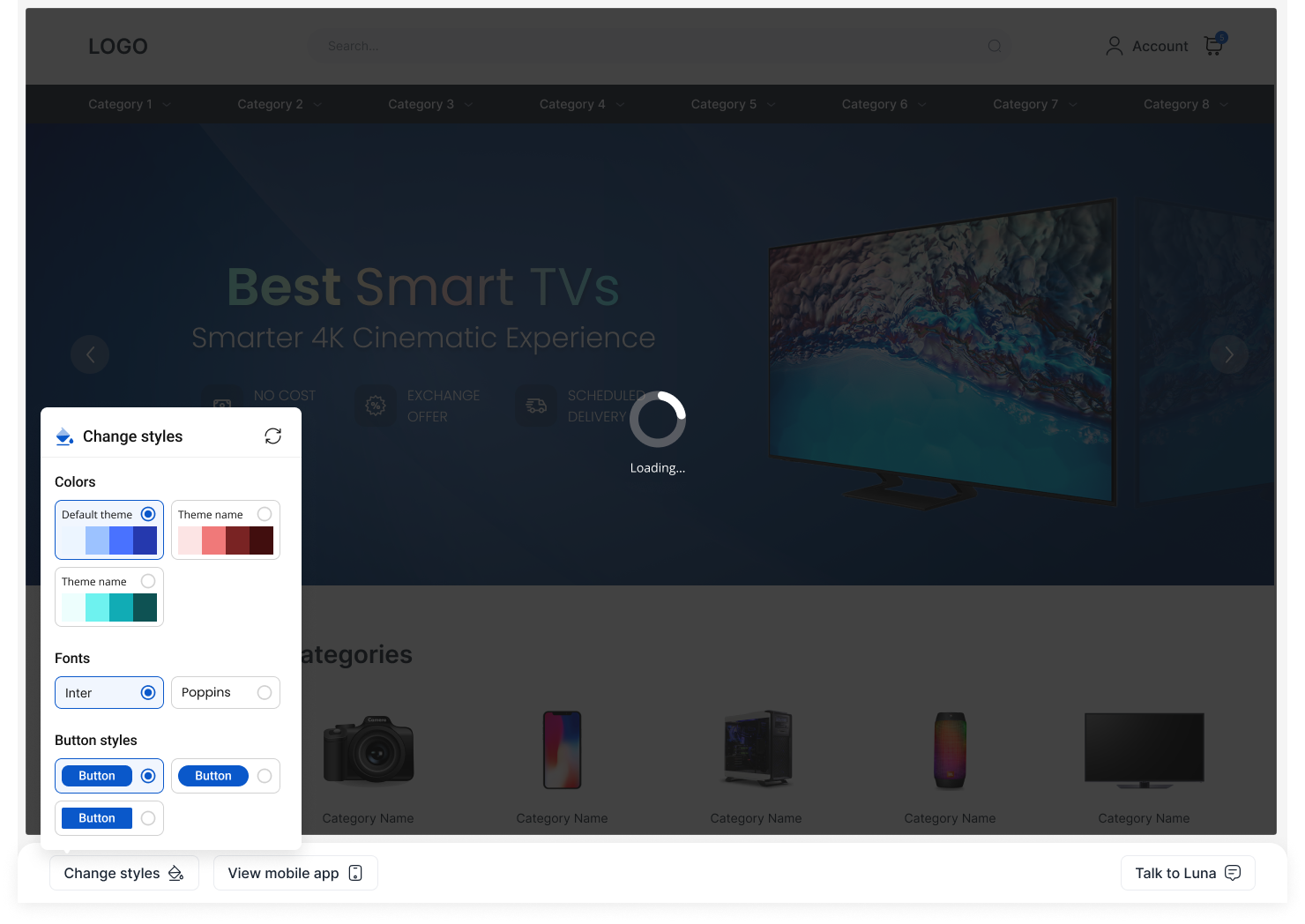 ONE setup flow — Change styles panel layered on the live prototype, with color theme, font, and button style controls