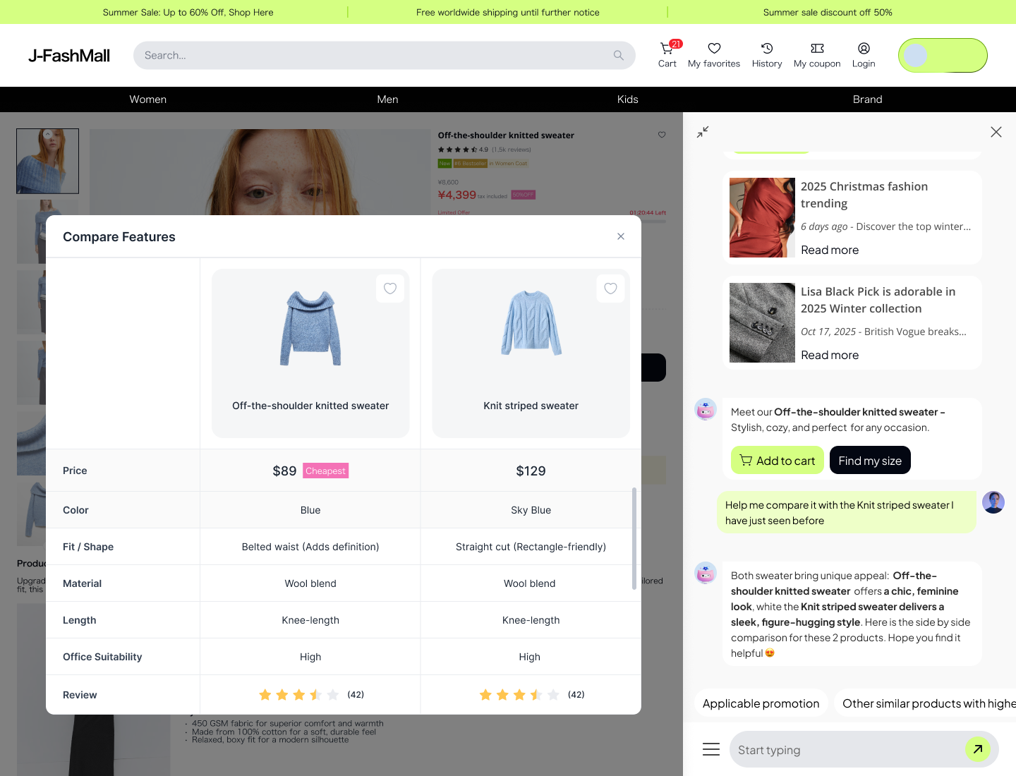 AI shopping assistant comparing two products, recommending a size from buyer measurements, and adding the item to cart