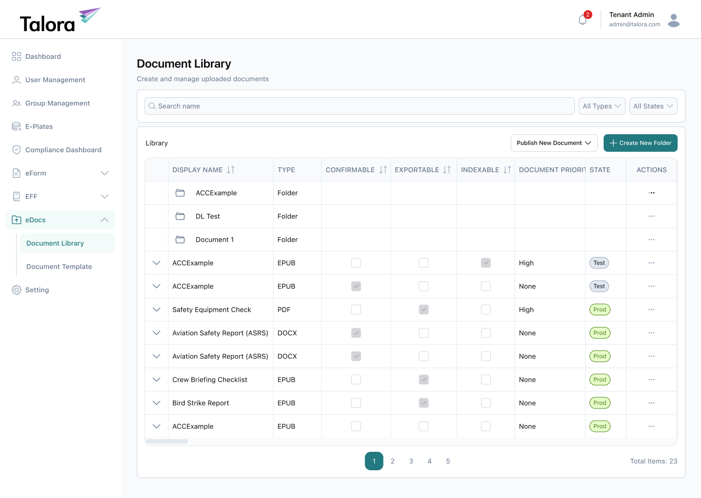 EDocs screen — document library with versioning and distribution controls