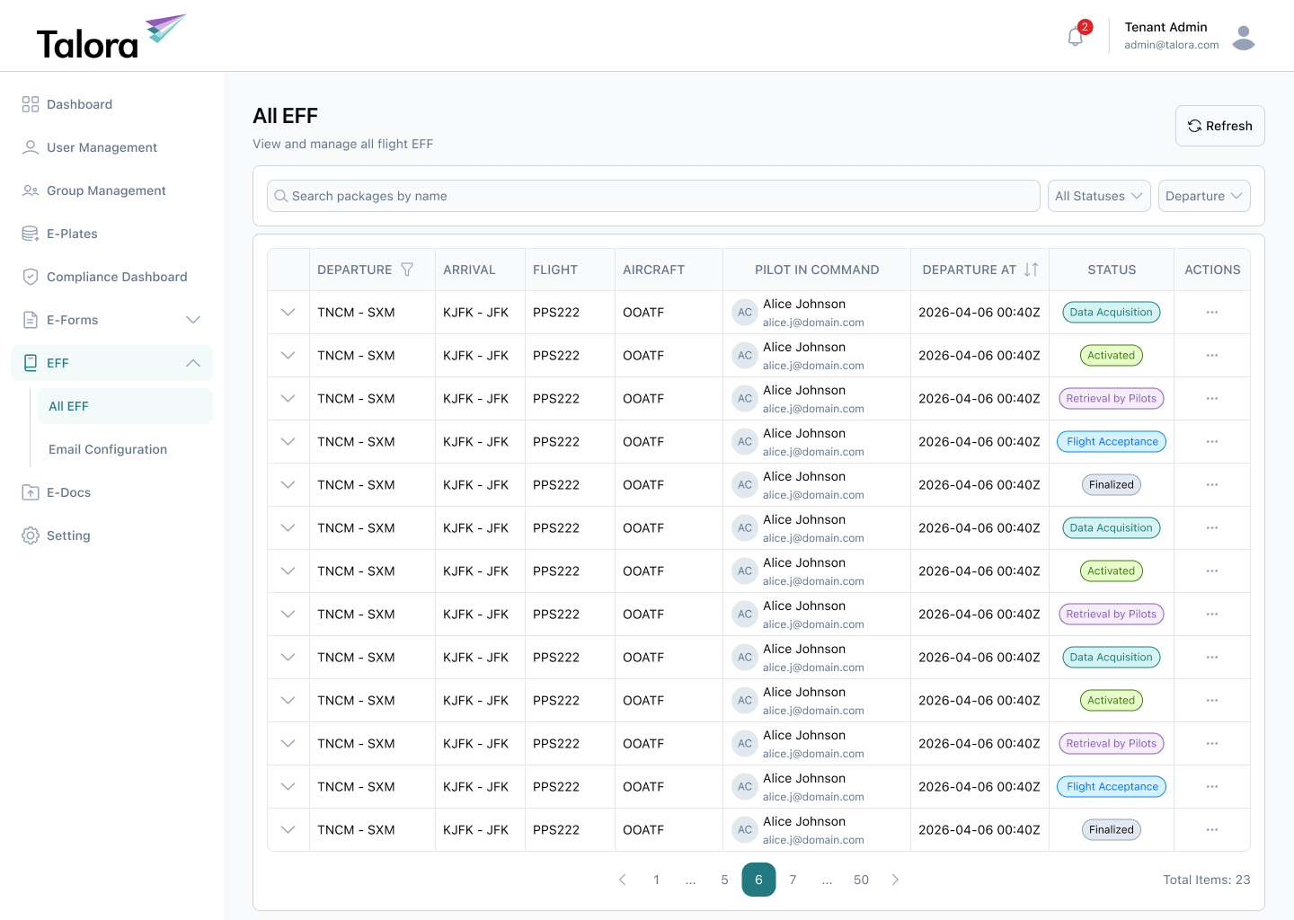 EFF — Electronic Flight Folder management screen