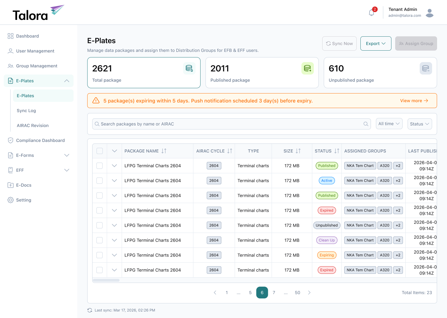 EPlates screen — Keyvan chart package assignment and AIRAC sync monitoring