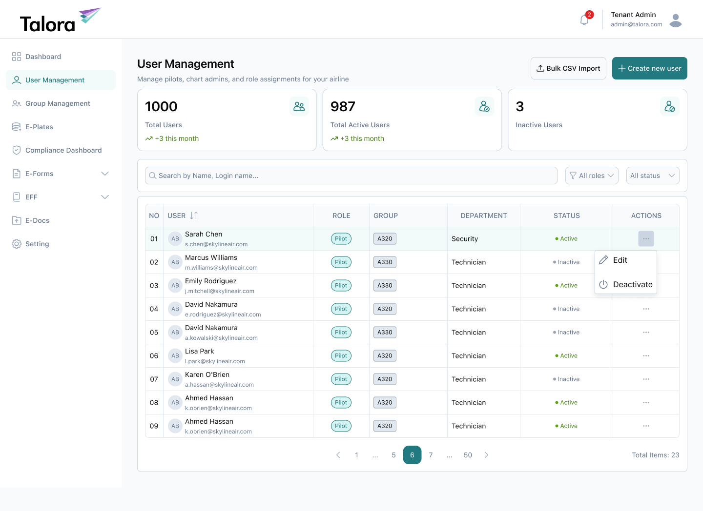 User Management screen — crew roster with roles, status and device assignment